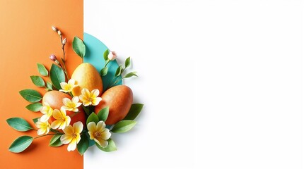 Easter eggs surrounded by yellow spring flowers. Card or background, space for text.