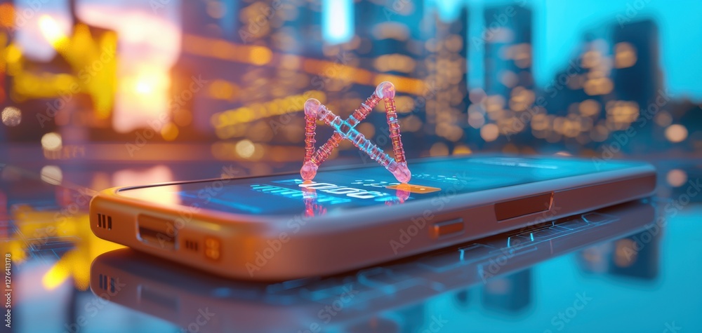 Poster a close-up view of a smartphone displaying a vibrant digital interface with a futuristic graph overl