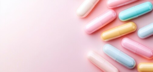 A collection of colorful capsules arranged on a soft pink background. The vibrant hues add a playful touch, ideal for health-related themes and lifestyle imagery.