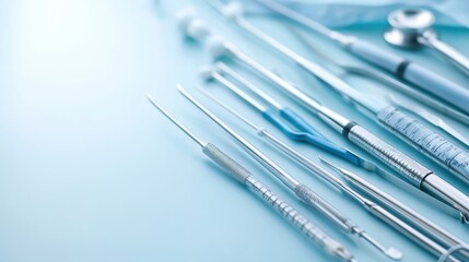 A collection of dental instruments arranged on a blue surface, showcasing precise tools used in oral care. Perfect for medical and health-related projects.