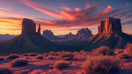 Monument Valley landscape at sunset with dramatic clouds and rock formations in desert terrain