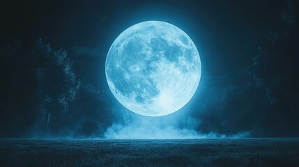 A serene night landscape featuring a large blue moon illuminating a foggy field surrounded by trees