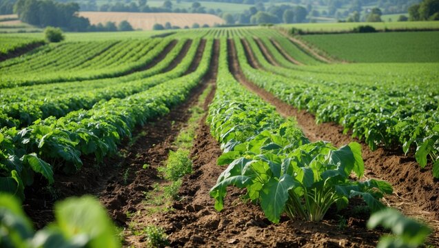 Green crop field with rows of healthy plants and rich soil under a clear blue sky in rural landscape.