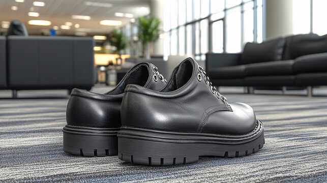 A pair of shoes that appear to be floating just above the ground, creating an optical illusion prank, selective focus on the shoes, copy space for text, ultra HD, 