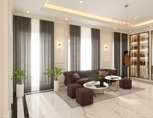 Fototapeta premium Modern cozy living room and white pattern wall texture background interior design.3D rendering