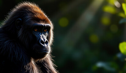 Fototapeta premium a black and brown monkey sitting on top of a tree branch with sunlight shining through the trees in the background