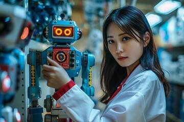 College student posing with sleek robotic toy in modern classroom setting.