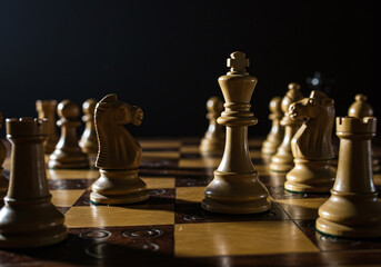 Close-Up of Wooden Chess Pieces on Board