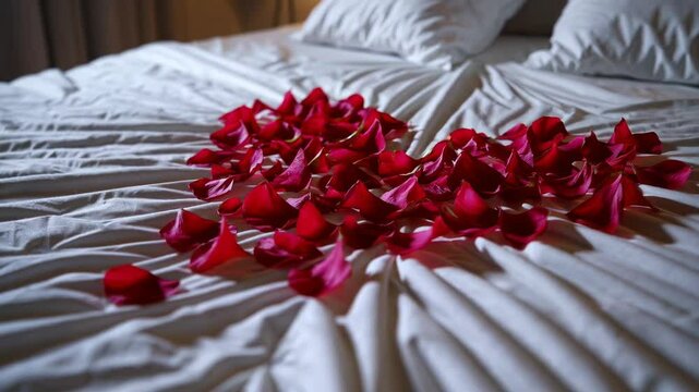 Heart-shaped rose petals on bed in romantic setting. Love and romance concept