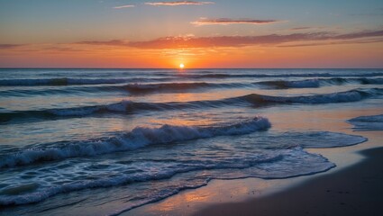sunrise over ocean waves with calm water reflections and orange sky during dawn on a serene beach coastline