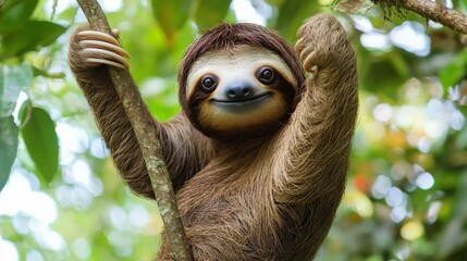 Fototapeta premium A sloth hanging from a tree branch, giving a thumbs-up with a slow, comedic smile.