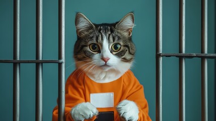 Incarcerated Tabby Cat Behind Bars, Wearing Orange Jail Uniform. Guilty, Locked Up Pet, Humor.