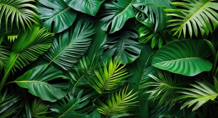 Tropical foliage background with various green palm and monstera leaves arranged in a dense natural pattern
