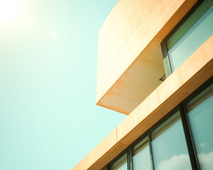 Fototapeta premium modern building exterior with glass windows and a sandy facade against a clear sky