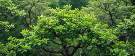 Lush green leaves on a tree with intricate branching patterns in a forested environment during daylight