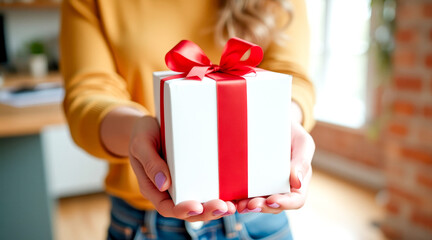 woman offering a white gift box with a red ribbon
