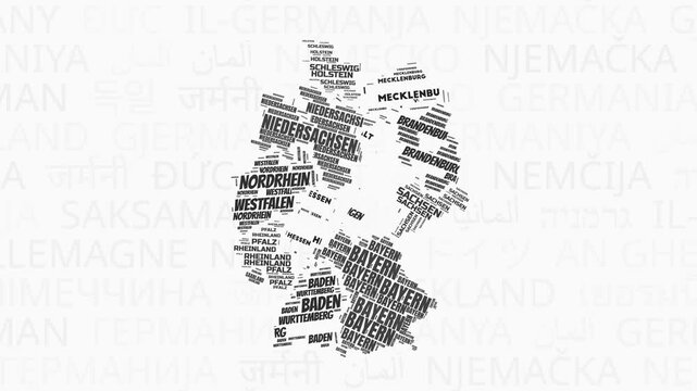 Germany intro animation. Country with regions illustration video. Background with country names in various languages. Regions of Germany animation. Trending video.