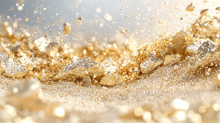 Shimmering golden dust and glittering particles creating a luxurious and sparkling abstract background display