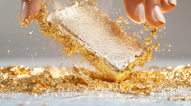 Glimmering gold bar being dropped creating a sparkling explosion of glittering dust and fines in bright light
