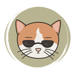 Cute hand drawn logo or icon vector with funny cartoon character cat with sunglasses, illustration on circle with brush texture, for social media story and highlights