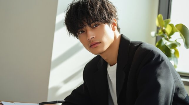 A young professional drafting a resignation letter in a well-lit office. Featuring personal change and determination