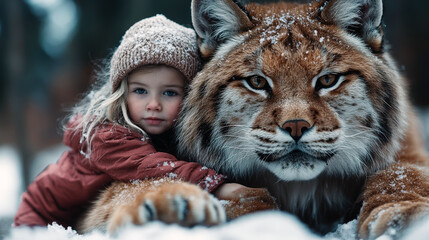 A child shares a serene moment with a majestic lynx, embodying the bond between humans and nature, surrounded by a snow-covered landscape that enhances its beauty.