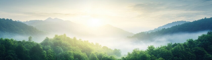 Fototapeta premium A breathtaking landscape showcasing a tranquil morning with mist gently rising over lush green hills, illuminated by the soft rays of a rising sun, evoking peace and serenity.