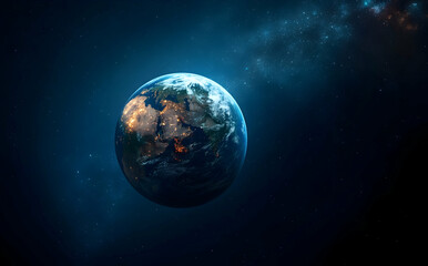 Hyper-realistic depiction of Earth against a dark starry sky with soft galactic glow