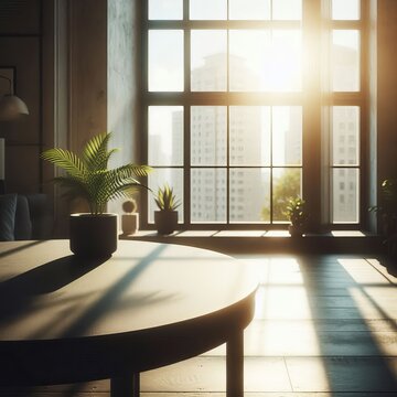 The slightly blurred image shows a sunlit room with large windows, a dark grey table in the foreground and a small potted plant to the right. 