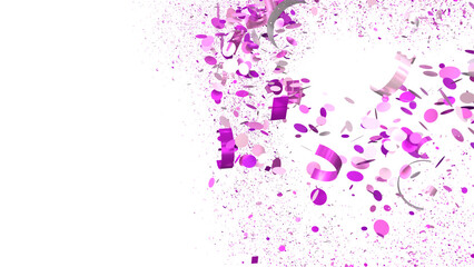 Festive backdrop of pink and purple confetti. Ideal for party invitations, celebrations, and joyful events.