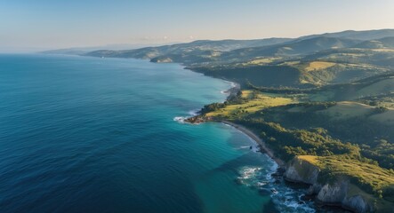 Naklejka premium Aerial view of a coastal landscape featuring green hills, blue ocean water, and rocky shoreline under a clear sky.