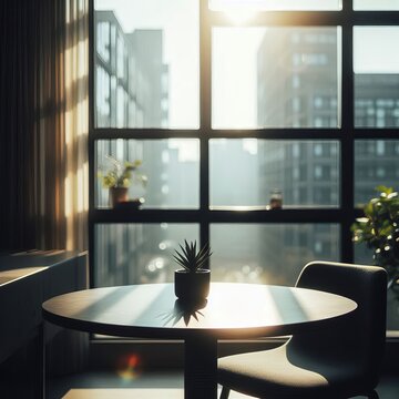 The slightly blurred image shows a sunlit room with large windows, a dark grey table in the foreground and a small potted plant to the right. 