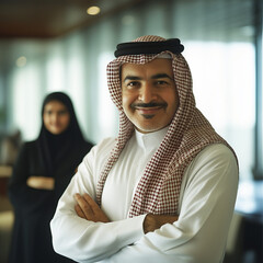 Arab business Saudi emirati kuwait qatar, vision, mission Arabian Gulf man woman couples in the traditional dress, teamwork, assistance and cooperation work, a company, work office, building, corporat