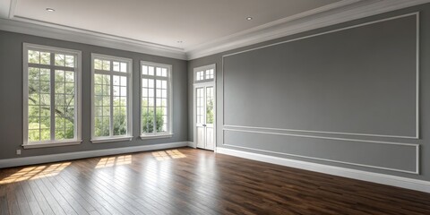 Obraz premium Empty Room with Gray Walls, Large Windows and Wood Floor 3D Rendering, Interior Design, Home Decor, Empty Space Home staging,Room visualization