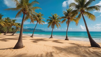 Obraz premium tropical beach with palm trees and clear blue sky in a serene coastal landscape with sandy shore and turquoise ocean water