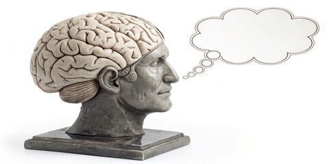 Exposed Brain Sculpture with Thought Bubble Profile View, Grey Stone, Conceptual Art, Mind, Thinking Mind, Cognition