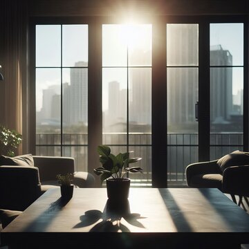 The slightly blurred image shows a sunlit room with large windows, a dark grey table in the foreground and a small potted plant to the right. 