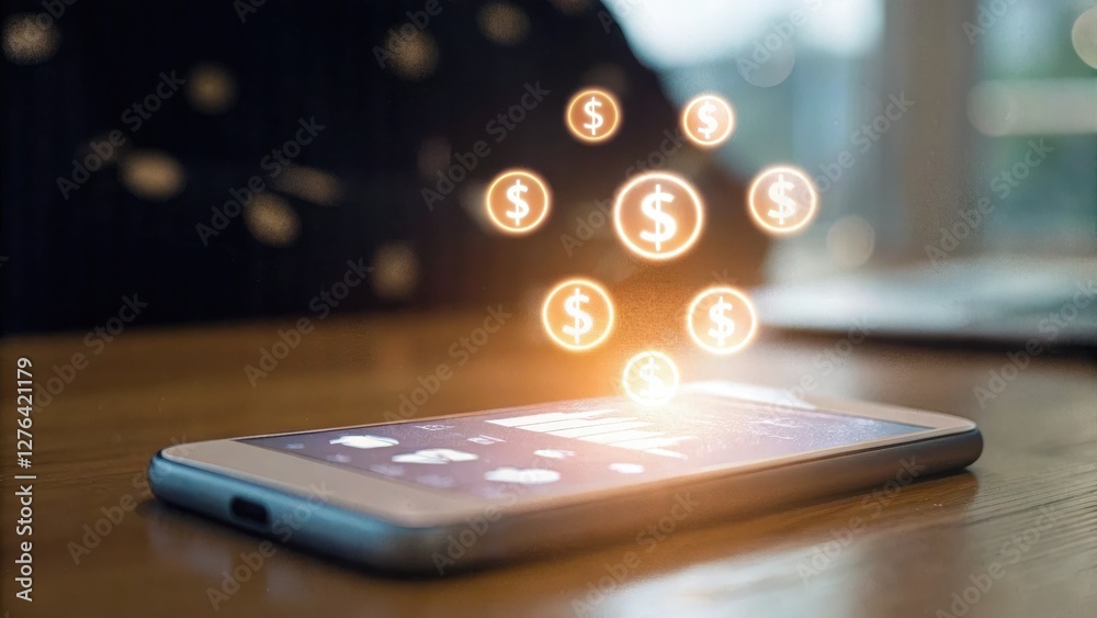 Poster smartphone displaying floating dollar signs, symbolizing digital finance or mobile banking.