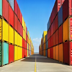 Fototapeta premium Colorful Shipping Containers Stacked at Port Terminal Under Blue Sky