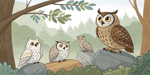 Obraz premium Forest Owls Digital Illustration, Four Owls on Rocks, Nature Scene, Owl Family, Wildlife Art Owl illustration, digital painting