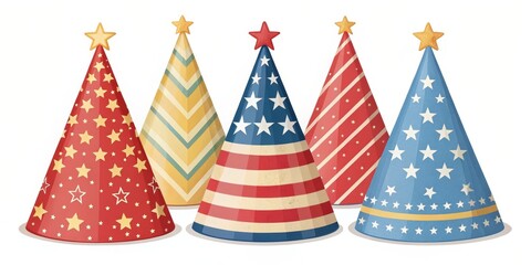 Obraz premium Four Patriotic Party Hats Digital Illustration, Vintage Design, Fourth of July, Party Decor Patriotic, Party Hats