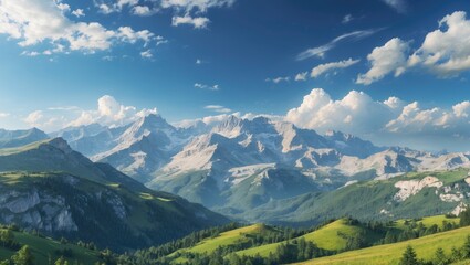 Mountain landscape with lush green hills under a blue sky and scattered clouds featuring rugged peaks in the background.