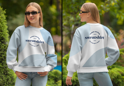 Front and Back View Woman Sweatshirt Mockup on the Outdoor