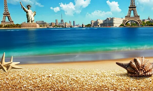 Seaside dream Statue of Liberty, Eiffel Tower, cityscape backdrop. Travel poster