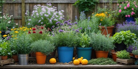 Naklejka premium Colorful assortment of potted plants and flowers on a wooden table with oranges and greenery in a garden setting