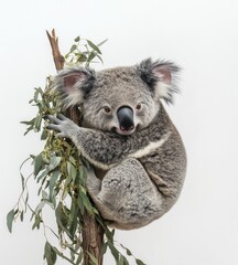 Obraz premium Koala perched on eucalyptus branch, wildlife sanctuary, calm background, nature stock photo