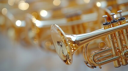 Fototapeta na wymiar Golden trumpets in a row, bokeh background