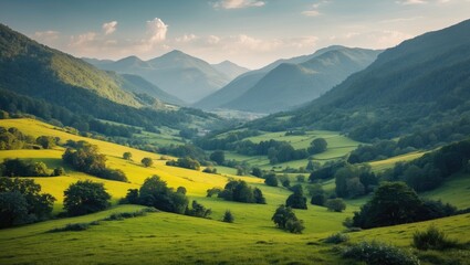 Obraz premium Mountain landscape with green valleys and rolling hills under a partly cloudy sky during golden hour lighting