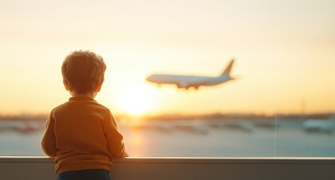 child gazes at departing airplane against stunning sunset backdr
