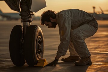 Technician inspecting aircraft wheel at sunset, showcasing dedic